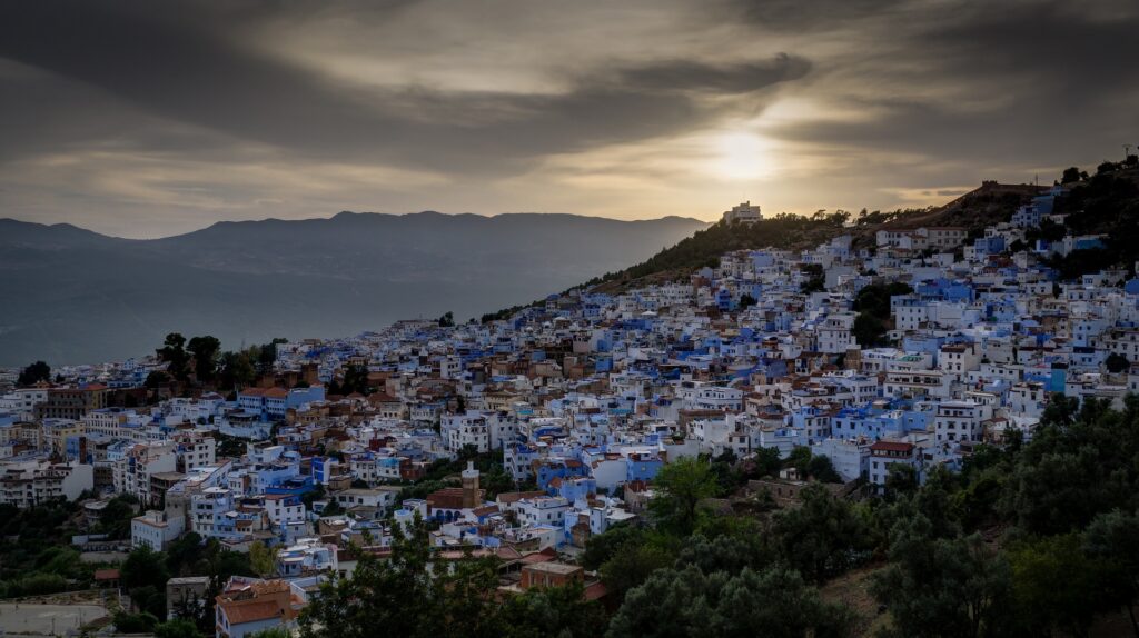 The old medina of Chefchaouen at sunset.