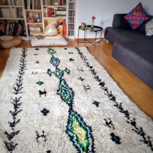 Berber rug white with black, green and yellow design